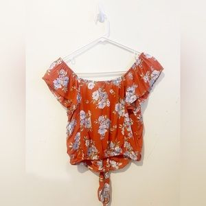 American Eagle Orange Floral Button Accent Flutter Sleeve Tie Up Cropped Blouse